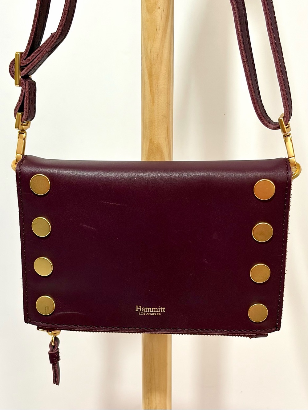 Hammitt Small Stadium Burgundy Leather Crossbody/Brushed Gold Rivets - Picture 3 of 14